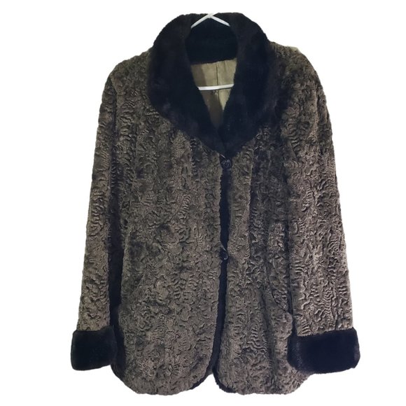 SPORTOWNE Size 14 Brown Textured Vintage, Fur, Button Front Coat - Picture 1 of 13